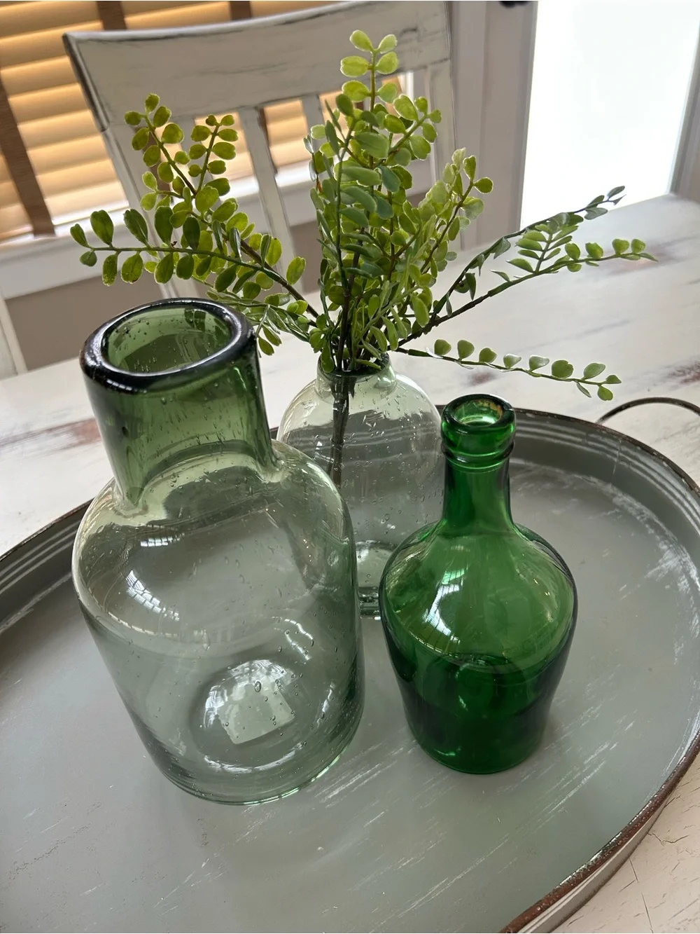 Green tabletop decor Glass vase accents shades of green Rustic modern farmhouse